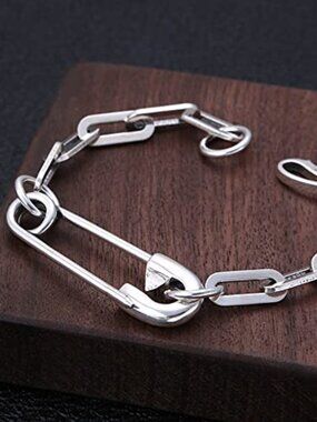 New - Safety Pin Chain Link Bracelet for Women Men Paperclip Charm Silver‎